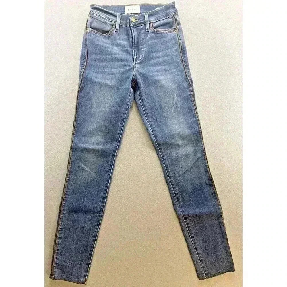 Frame Le High Skinny Jeans leather tuxedo piping Denim Mid Rise Stretch